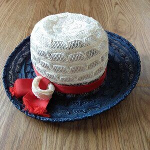 Vintage Red, White and Blue Hat Mesh Lace Helen Joyce Original 20.5" Retro